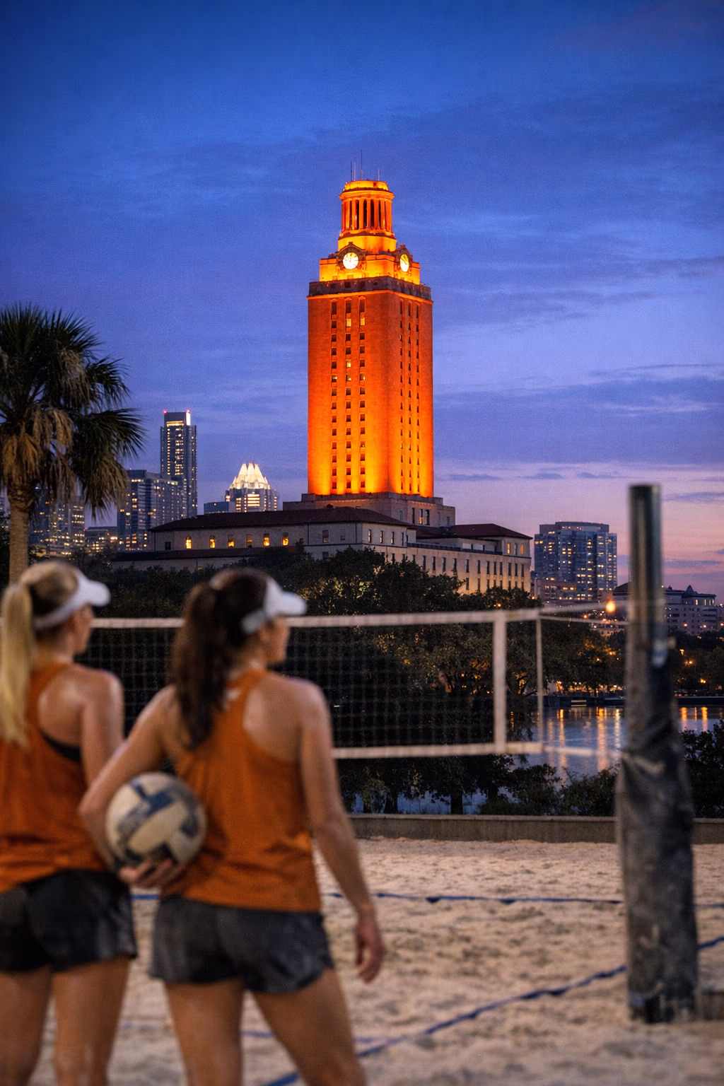 UT Tower Lighting Celebrates Texas Beach Volleyball Tonight