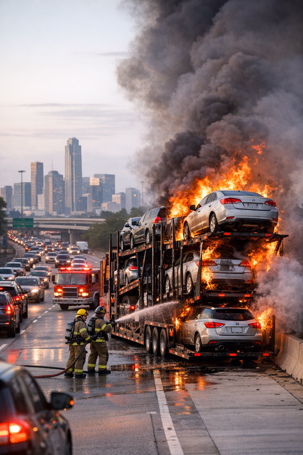 Car Carrier Trailer Fire Blocks Lanes on Eastex Freeway