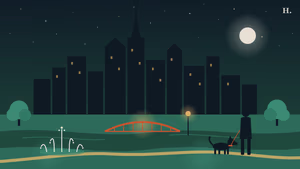 Illustration of parks and trails in downtown Houston: bayou trail, fountain and dog under the skyline