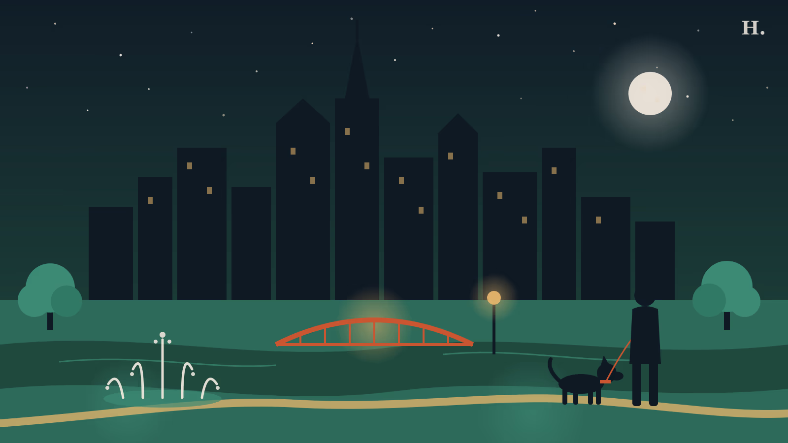 Illustration of parks and trails in downtown Houston: bayou trail, fountain and dog under the skyline