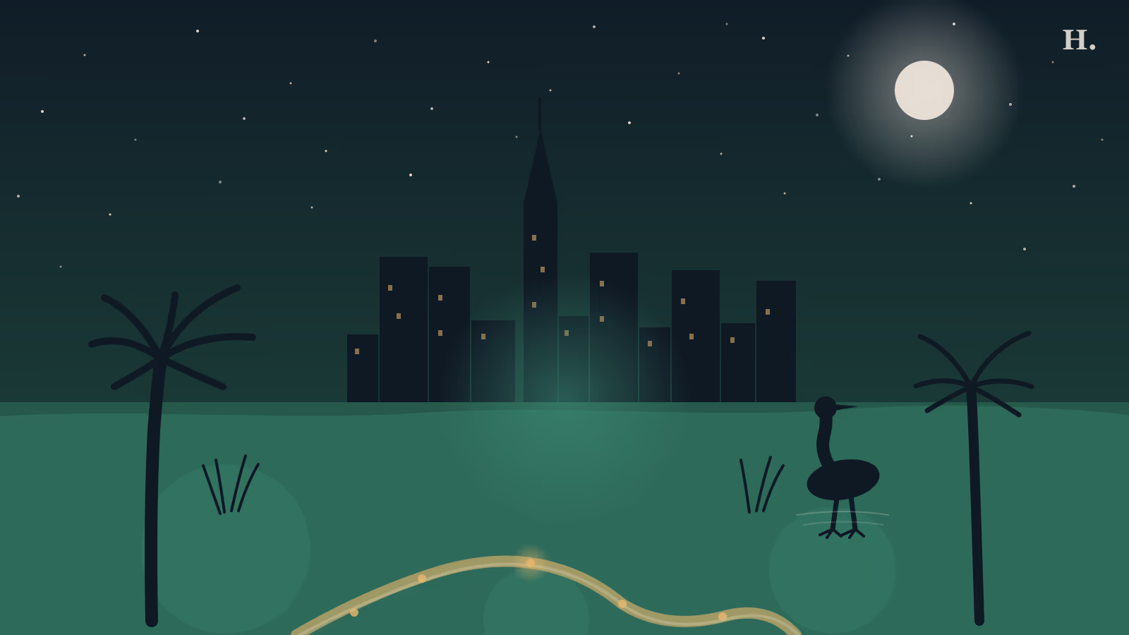 Parks and trails in Galveston illustration: palm trees, coastal trail path and heron silhouette at dusk