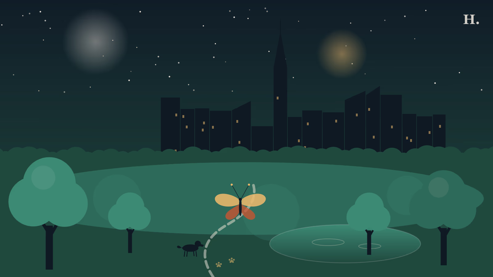 Katy TX parks illustration: tree silhouettes, winding night trail, butterfly and teal pond