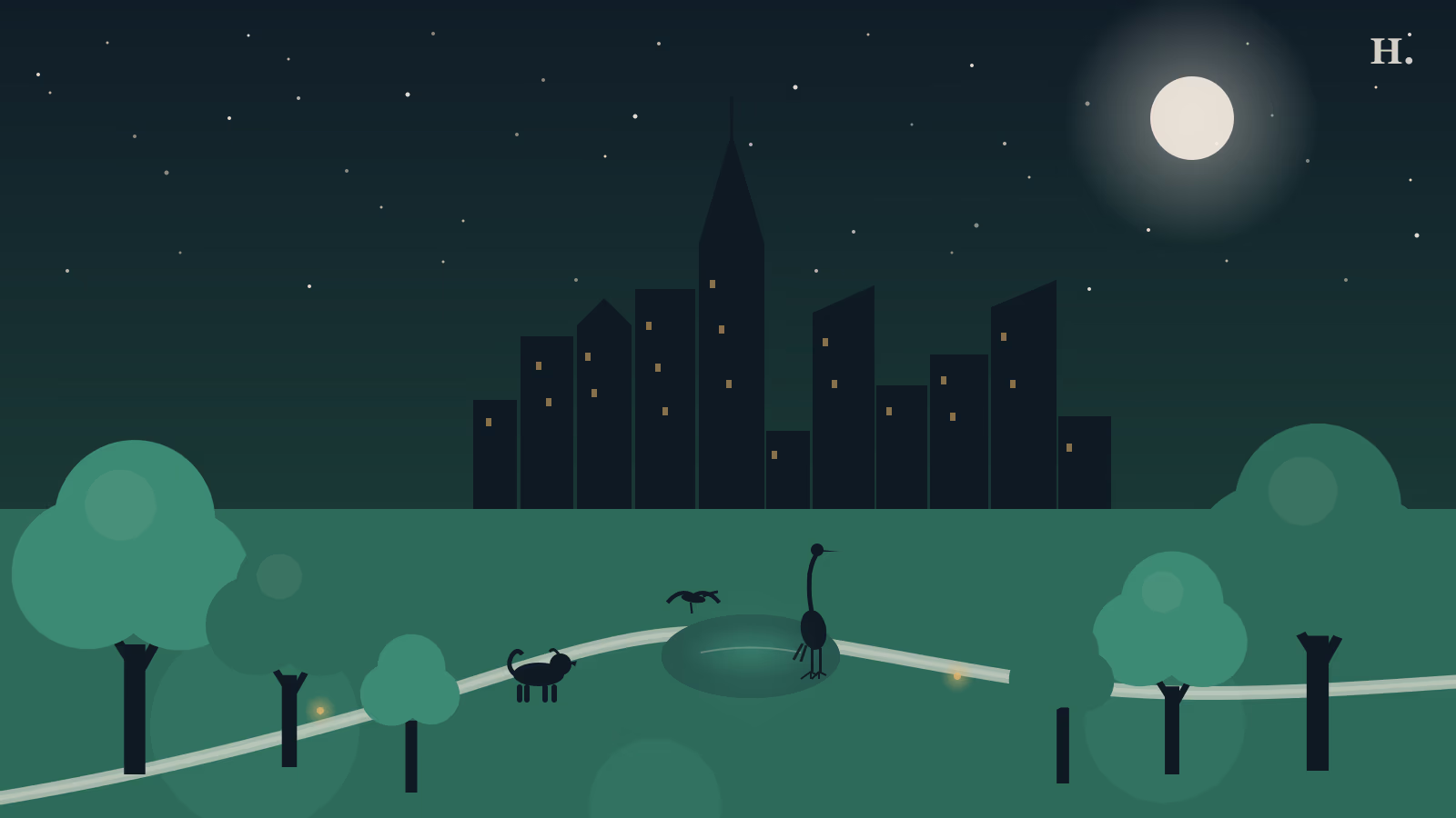 Parks and trails in Pearland TX illustration: trees, winding nature trail, and nesting birds over a wetland pond under a night sky