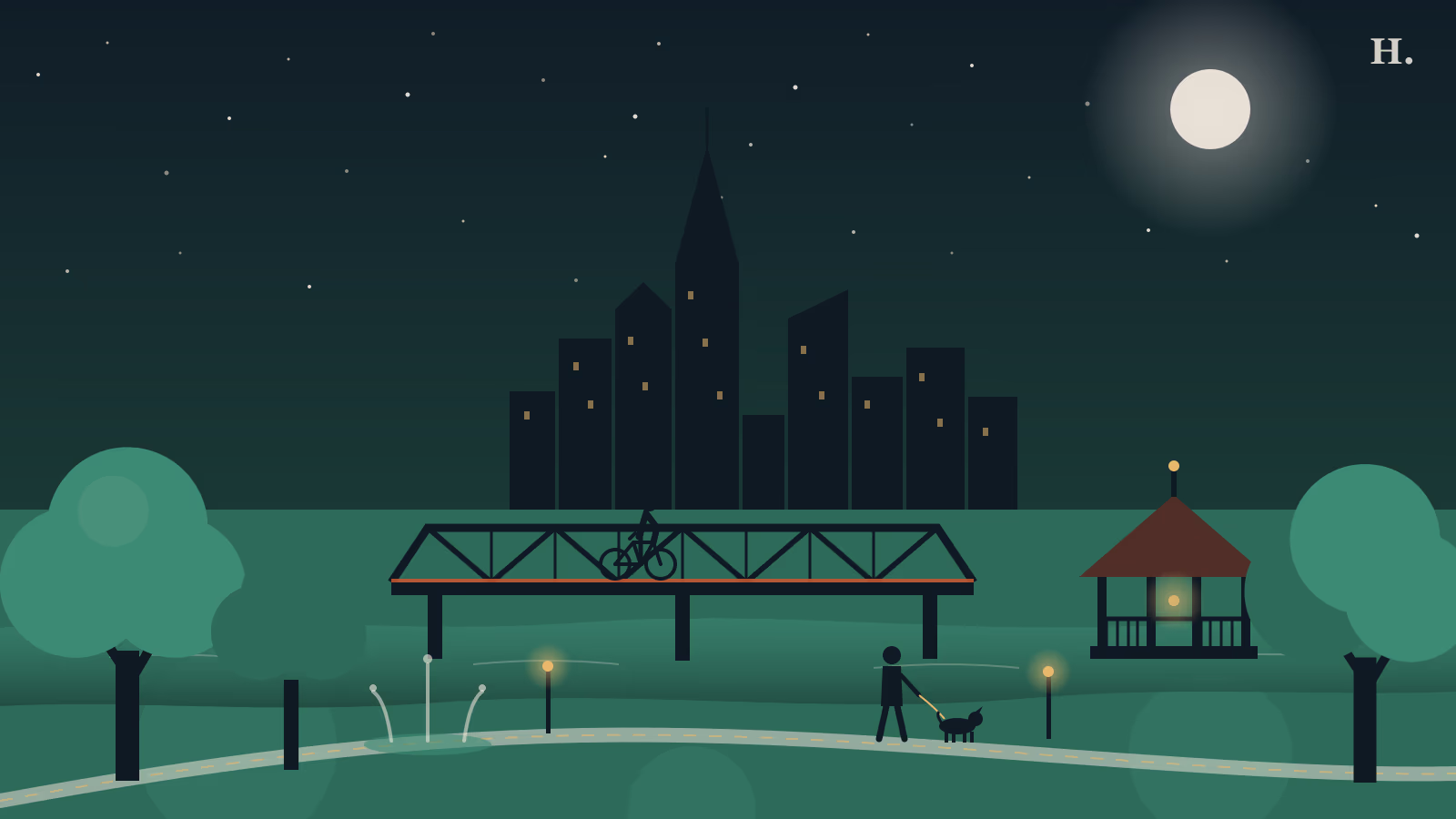 Parks and trails in the Heights illustration: rail-trail bridge, cyclist, gazebo and oaks