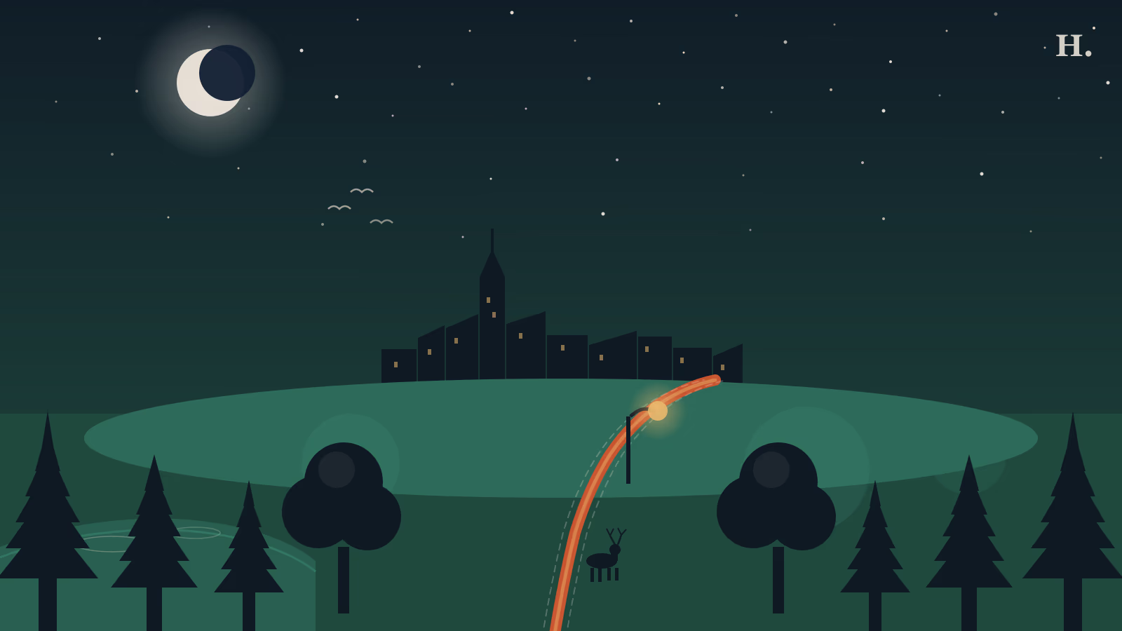 Parks and trails in The Woodlands TX illustration: pine trees, winding trail path, waterway and night sky