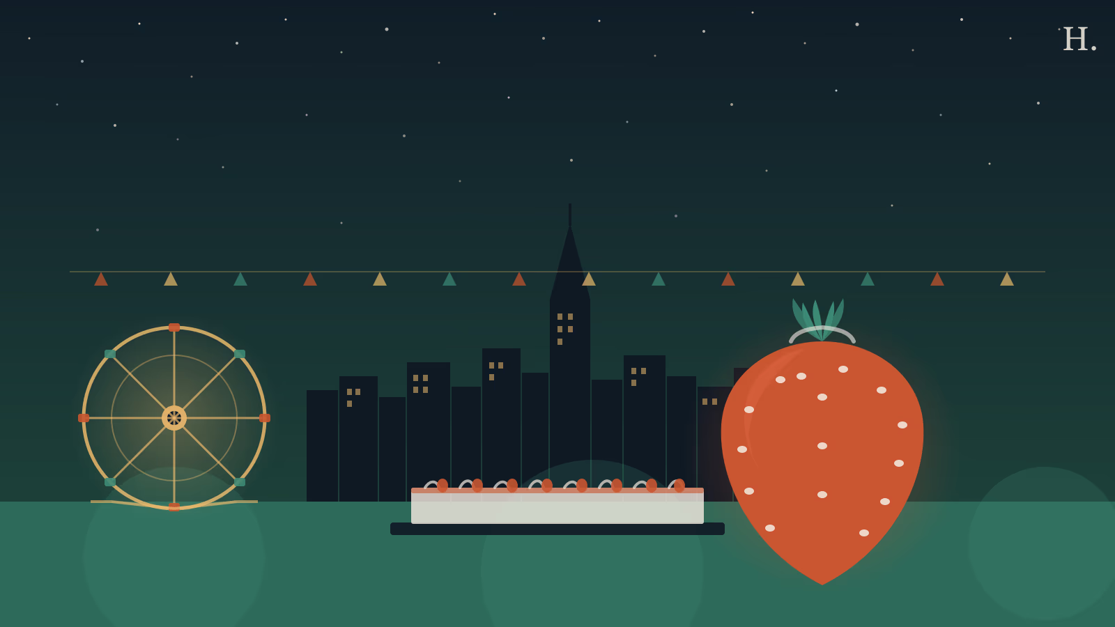 Pasadena Strawberry Festival night illustration: giant strawberry, Ferris wheel and Houston skyline