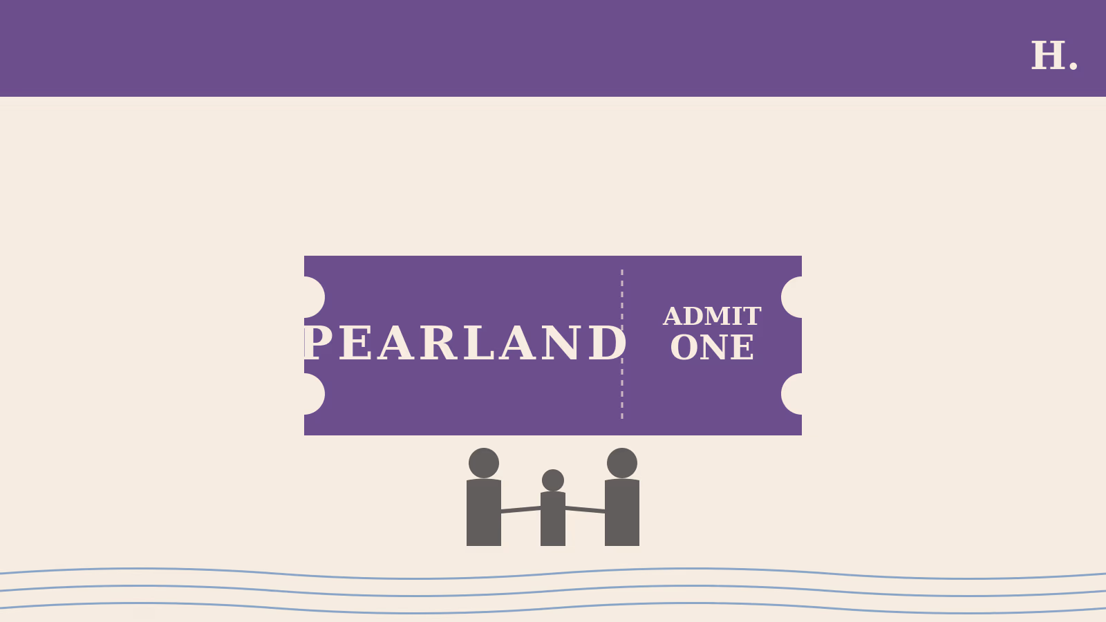 Illustration of an admit-one Pearland ticket and a family silhouette representing things to do in Pearland TX
