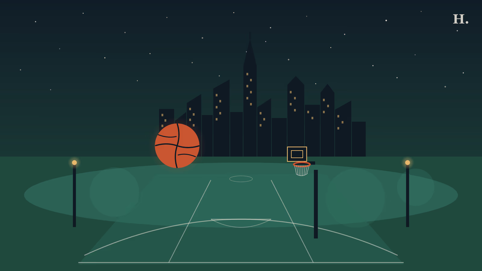 Pickup basketball courts in Houston illustration: basketball and hoop against a Houston night skyline
