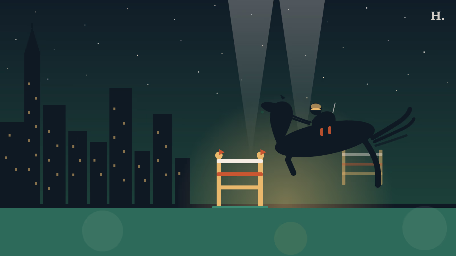 Pin Oak Charity Horse Show illustration: horse and rider clearing a colorful jump fence against the Houston night skyline