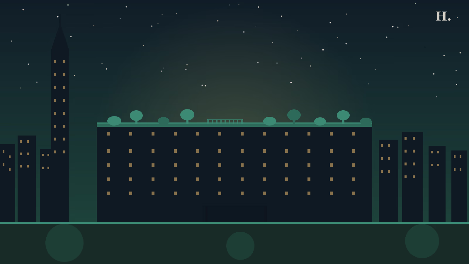 POST Houston illustration: wide brutalist building with Skylawn rooftop park and downtown skyline at night