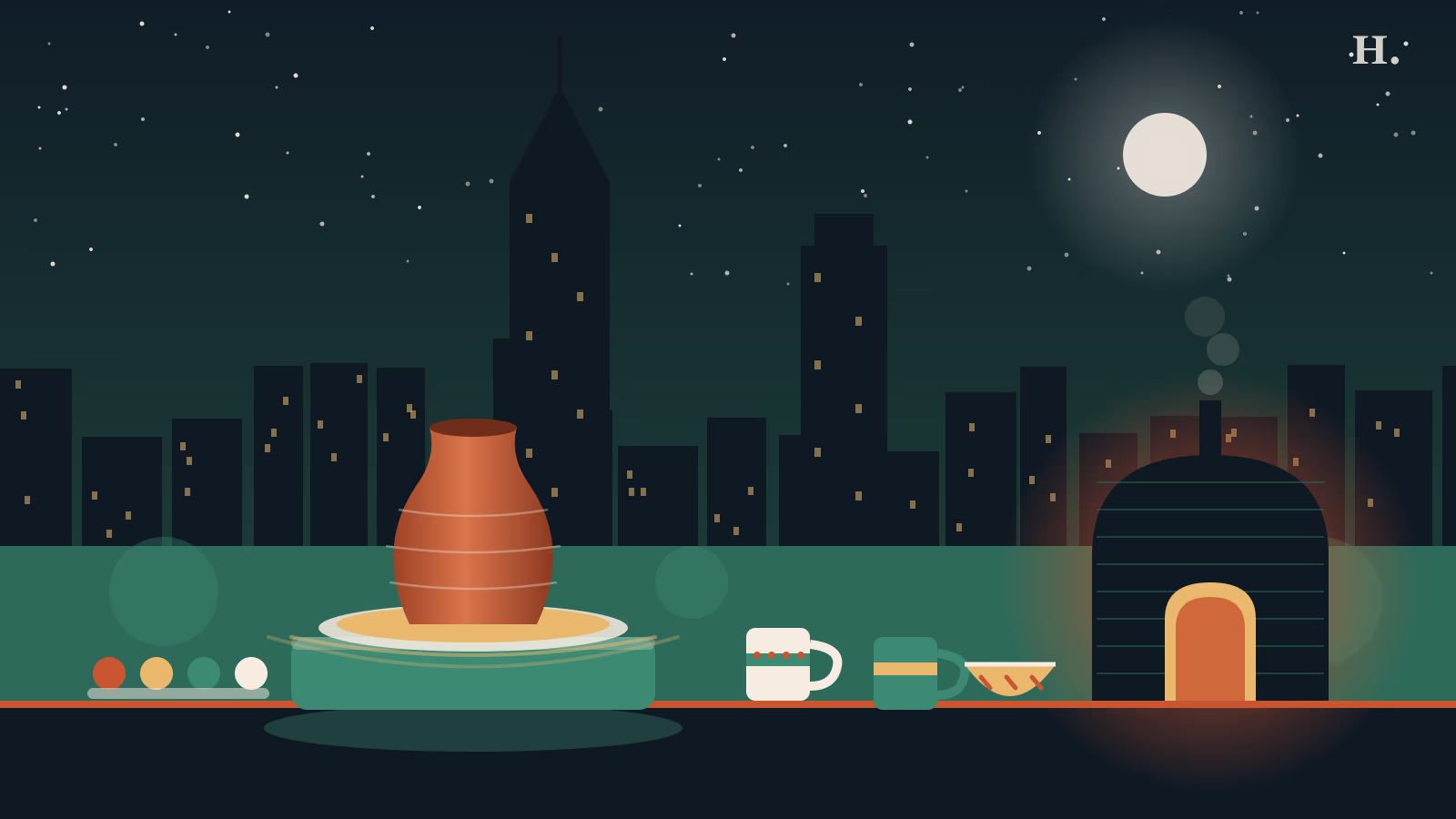 Pottery class Houston illustration: clay vase on a pottery wheel, painted mugs and a glowing kiln