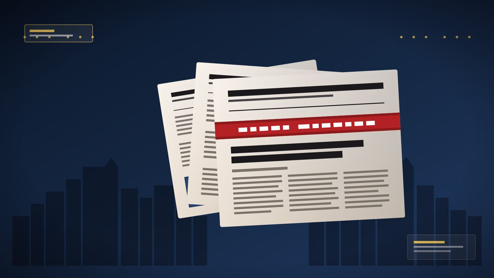 Stylized newspaper stack with red press release banner over a Houston skyline silhouette