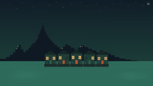 Project Row Houses at night: a lit row of shotgun houses in Houston’s Third Ward