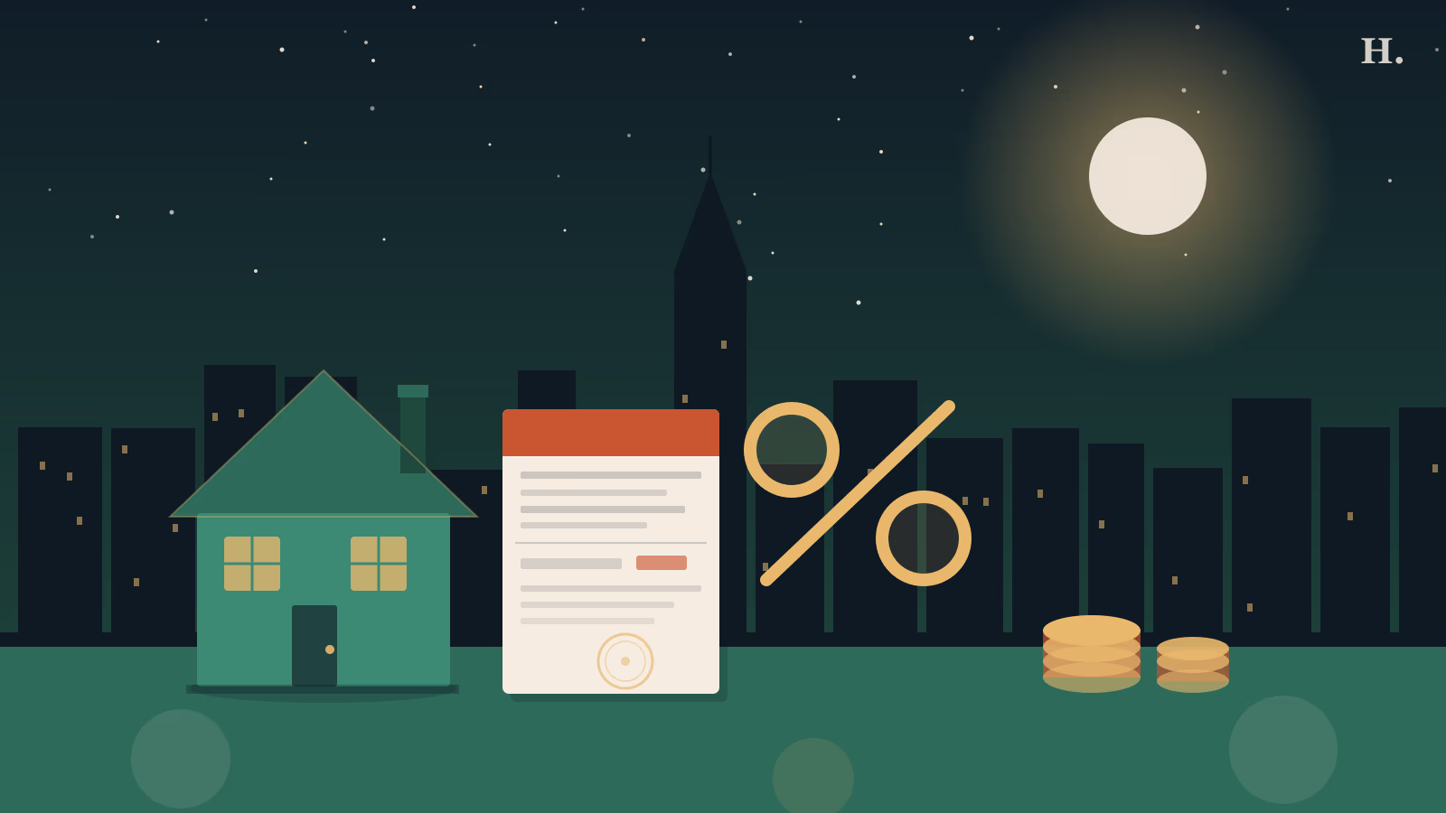 Property taxes in Houston: house, tax document and percent symbol against the night skyline