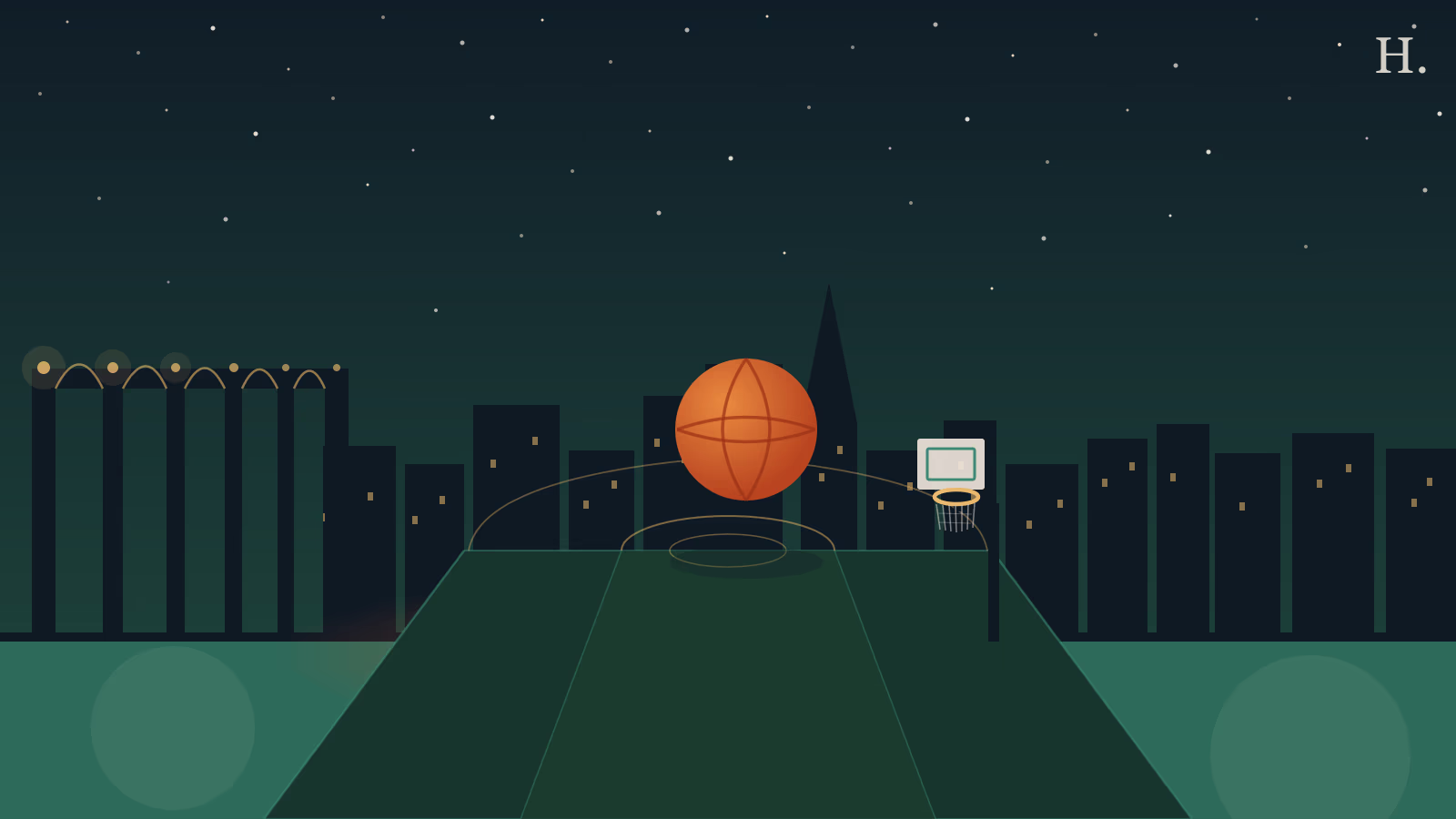 Outdoor basketball courts Houston: orange basketball floating above a court at night with pavilion arches and city skyline