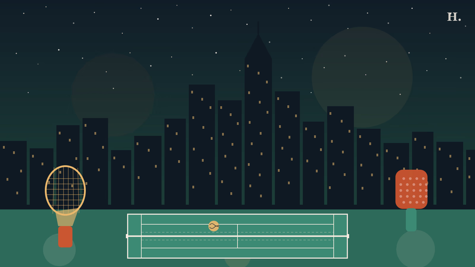 Lighted public tennis court and pickleball paddle in Houston at night, Houston skyline