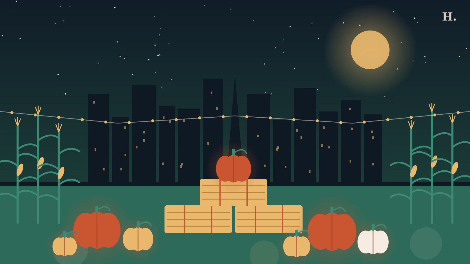Pumpkin patch Houston illustration: pumpkins, hay bales and a corn maze below the night skyline
