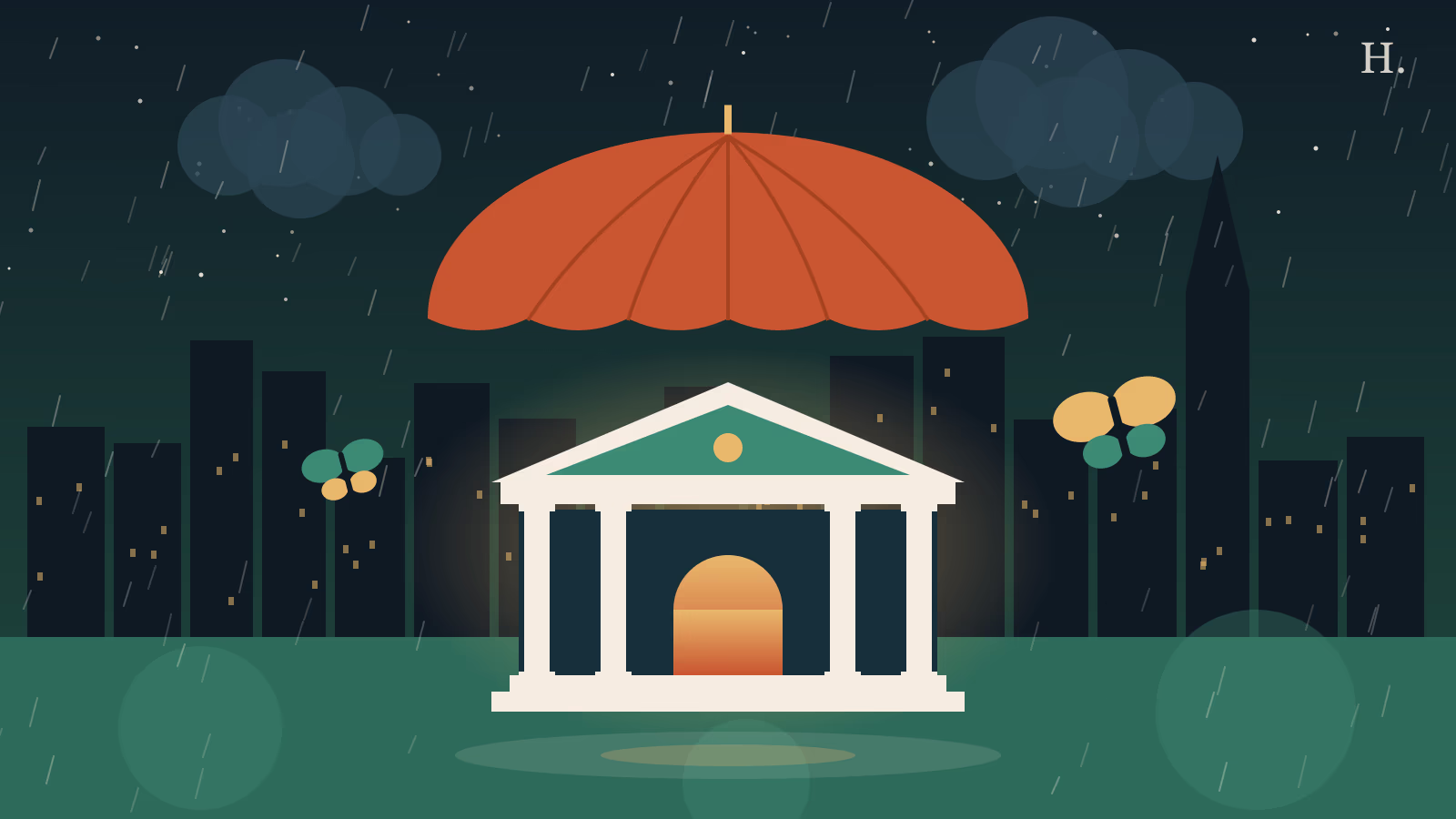 Orange umbrella sheltering a glowing museum in the rain, indoor activities Houston illustration
