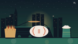 Reliant Stadium food guide: football, nacho cup, and beer against a Houston night skyline with the stadium roof
