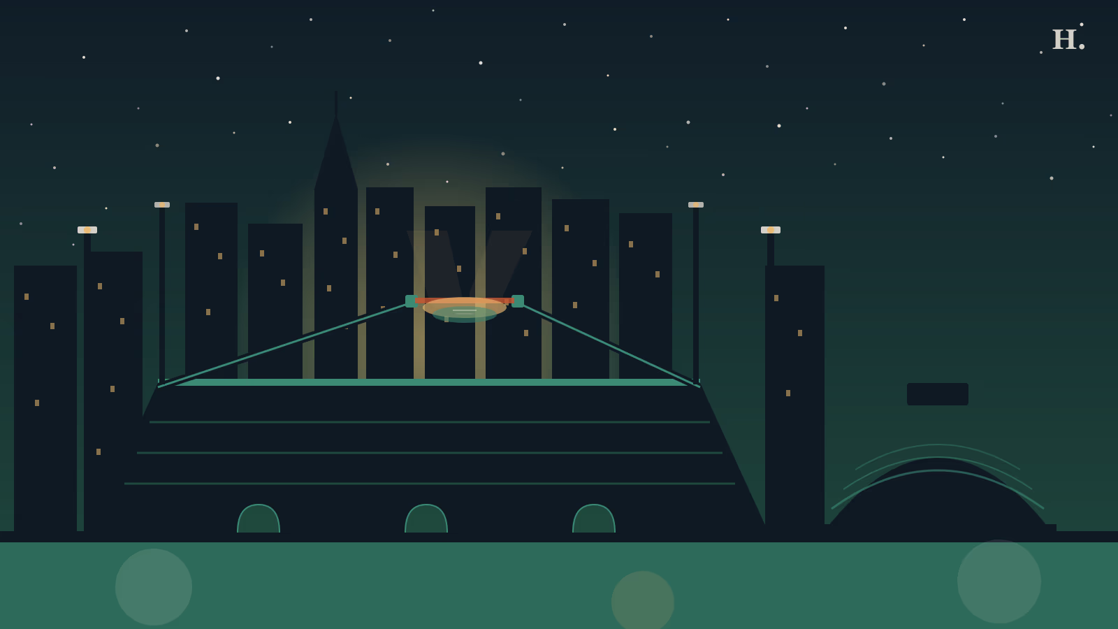 Reliant Stadium night illustration: retractable roof gap with field glow, Astrodome dome, Houston skyline