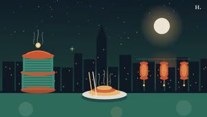Restaurants open Christmas day Houston illustration: steaming dishes, chopsticks and dim sum baskets beneath Houston skyline at night