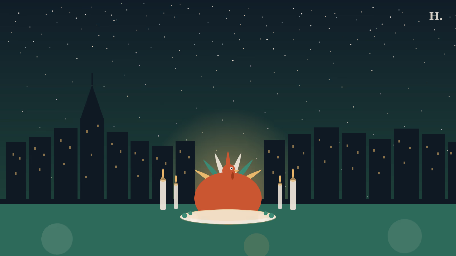Restaurants open Thanksgiving Houston: roasted turkey on platter with candles against night skyline