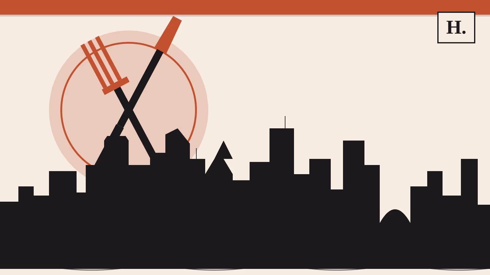 Illustration of best restaurants in Rice Village Houston with fork knife plate and downtown skyline