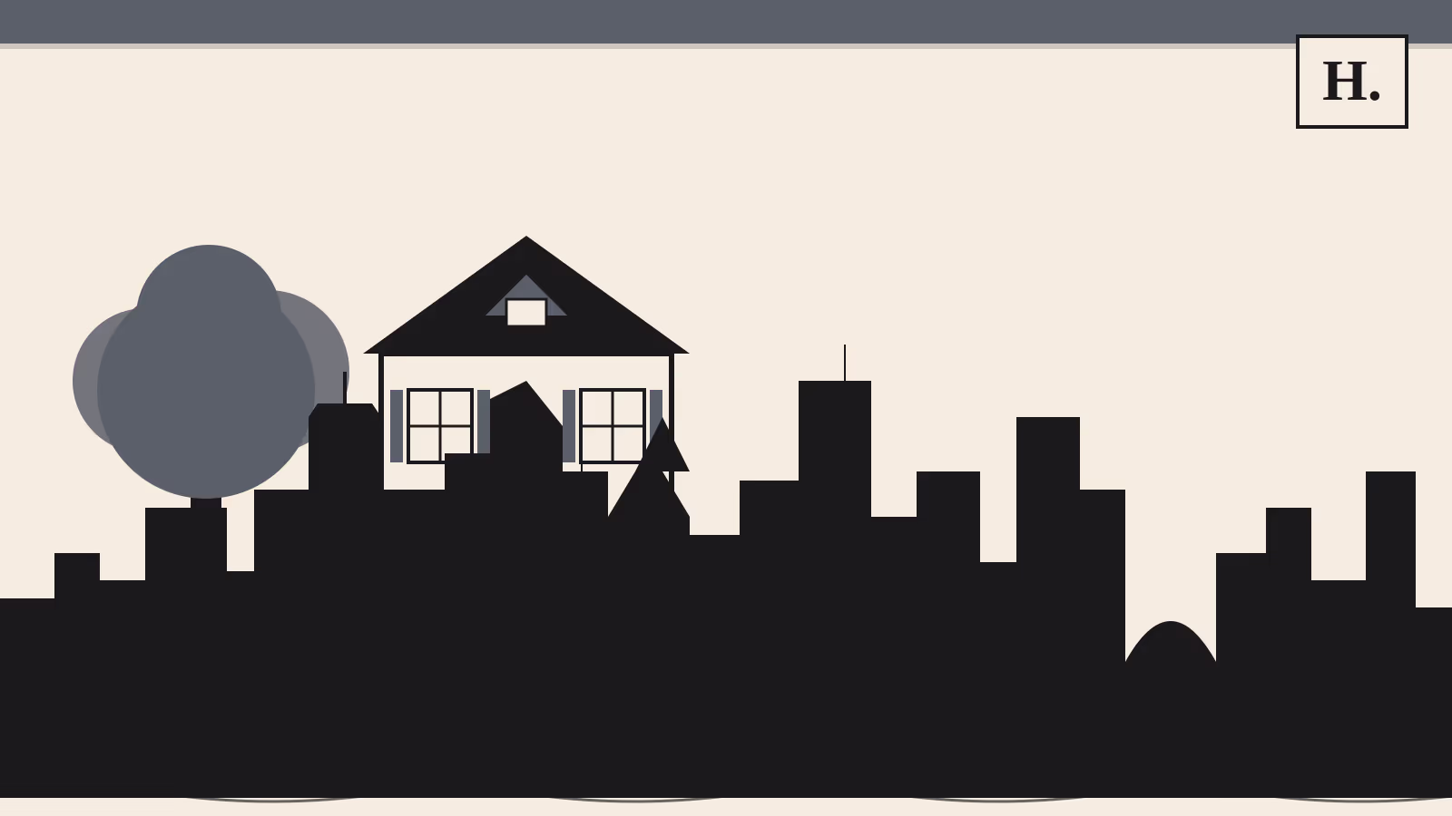 Illustration of Rice Village and West University Houston neighborhood guide with traditional home, oak tree, and downtown skyline