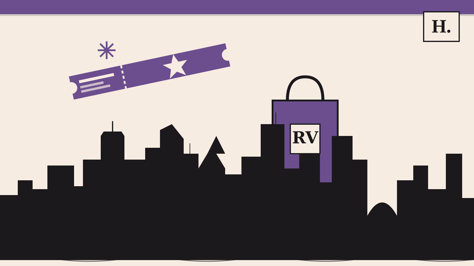 Illustration of things to do in Rice Village and West University Houston with ticket, shopping bag, and downtown skyline