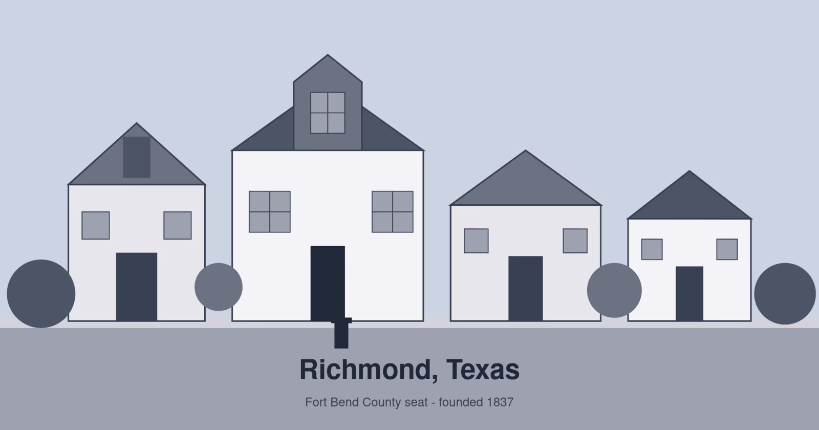 Flat illustration of a row of historic homes and a small church spire representing Richmond Texas, the Fort Bend County seat founded in 1837
