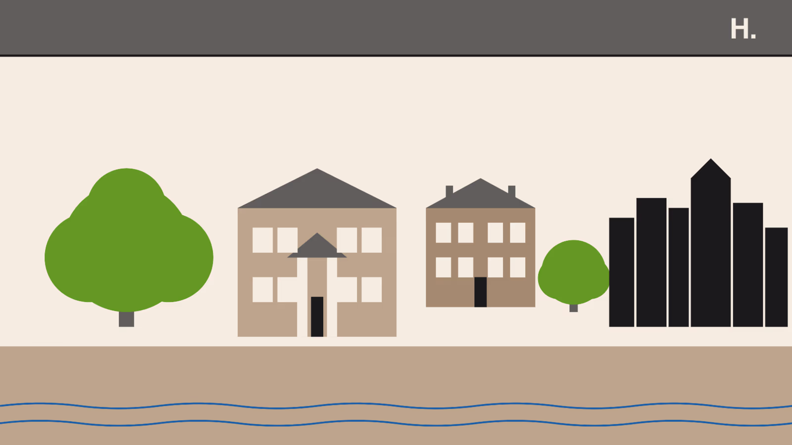 Illustration of River Oaks Houston estates with oak canopy and downtown skyline