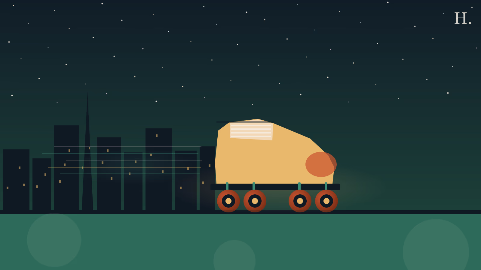 Roller skating in Houston illustration: gold quad skate with orange wheels under a night skyline