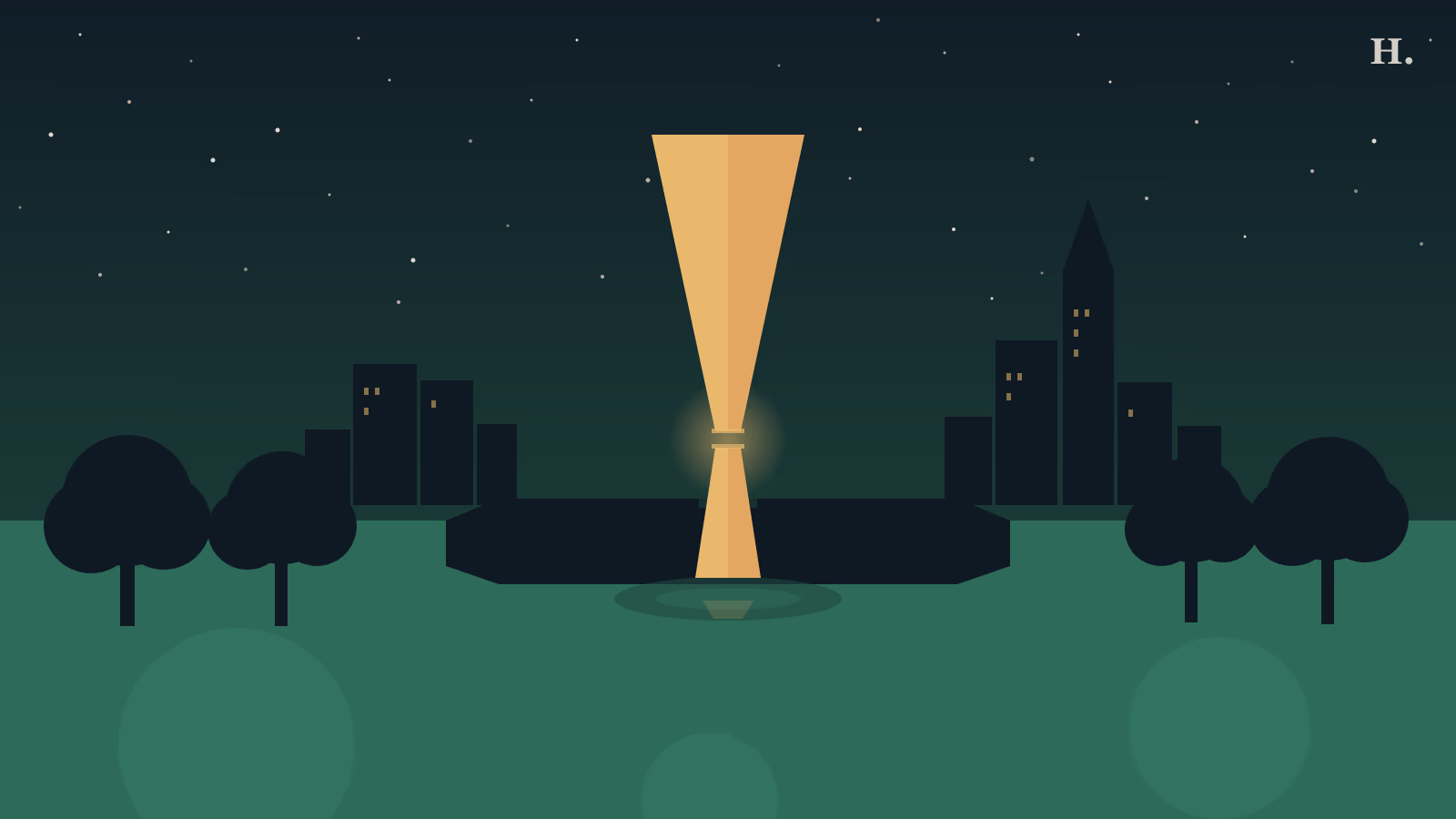 Rothko Chapel Houston illustration: Broken Obelisk sculpture against a night sky with the chapel silhouette and Menil neighborhood oaks
