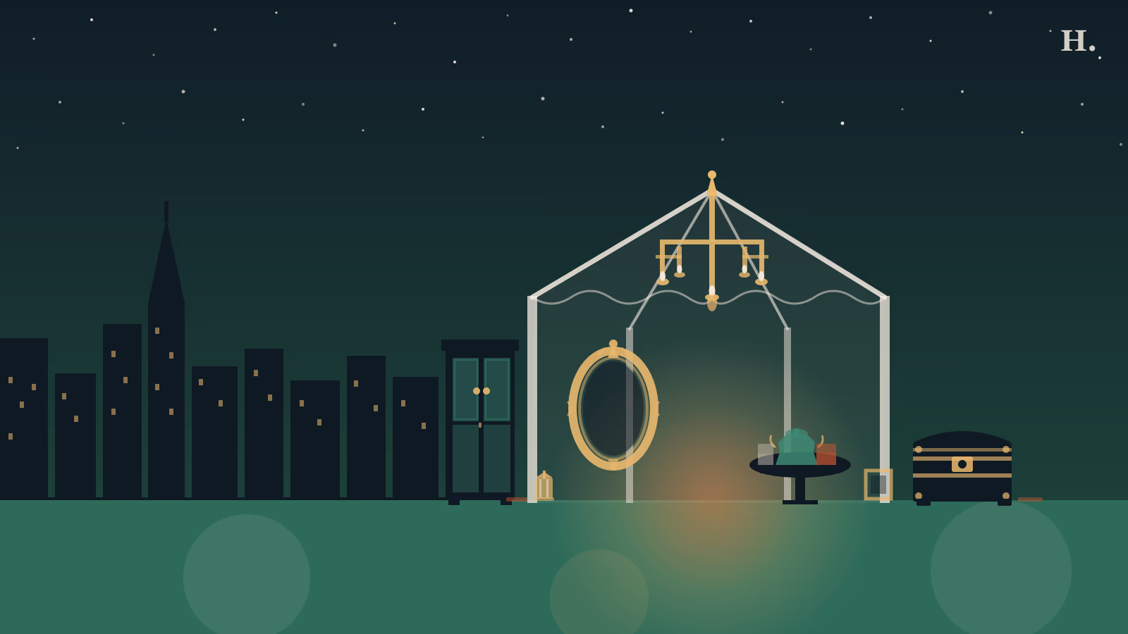 Round Top antiques week illustration showing white market tent, ornate mirror and chandelier under a Texas night sky