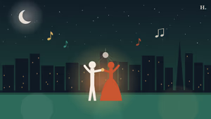 Silhouette of a salsa dancing couple against the Houston skyline at night