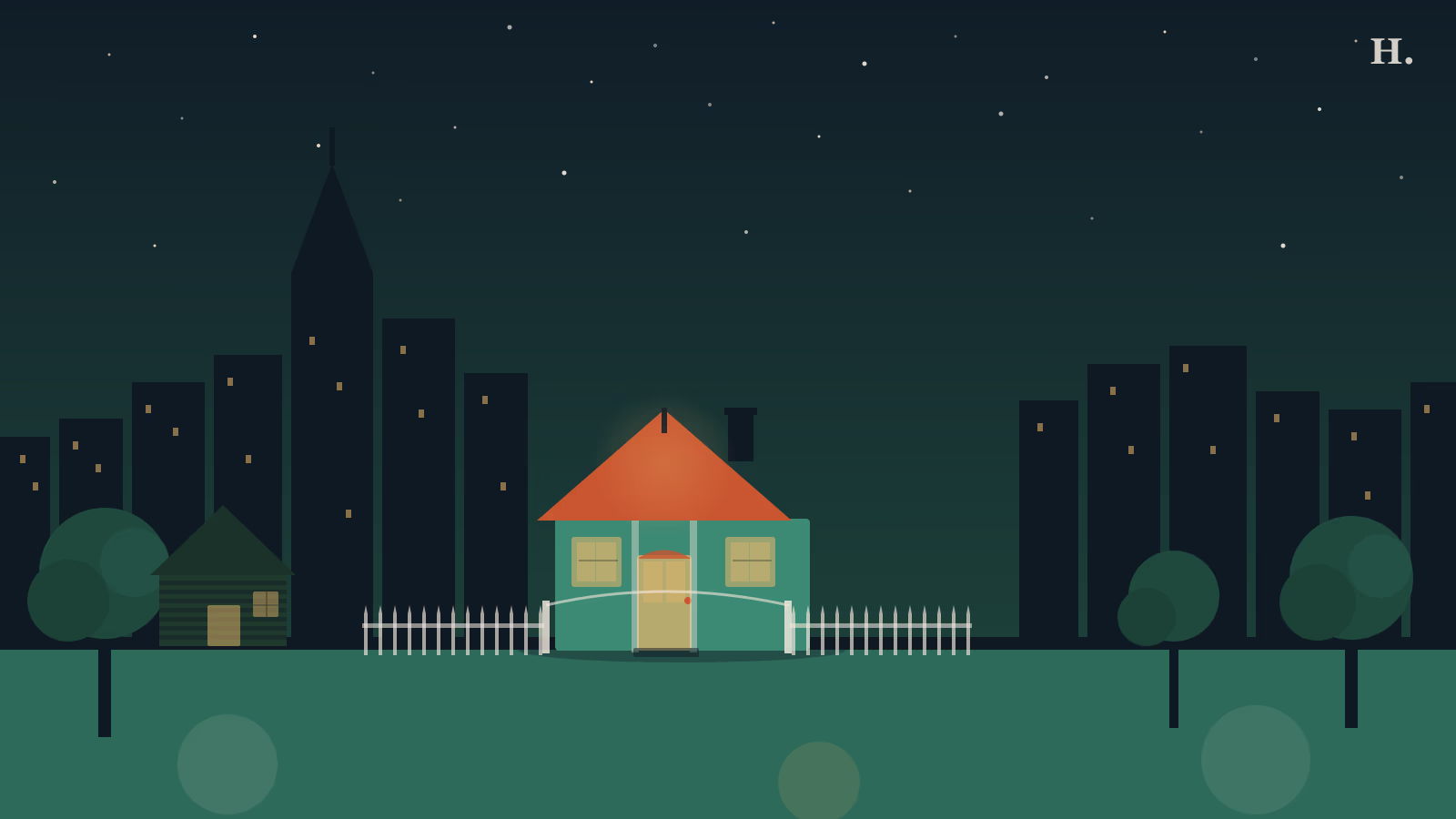 Sam Houston Park Houston illustration: historic cottage in foreground, downtown skyline silhouette at night