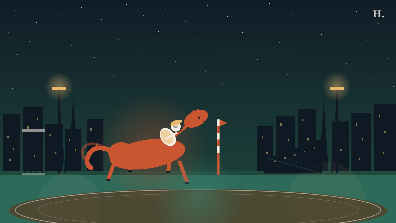 Sam Houston Race Park illustration: galloping racehorse and jockey at night with Houston skyline and floodlit track