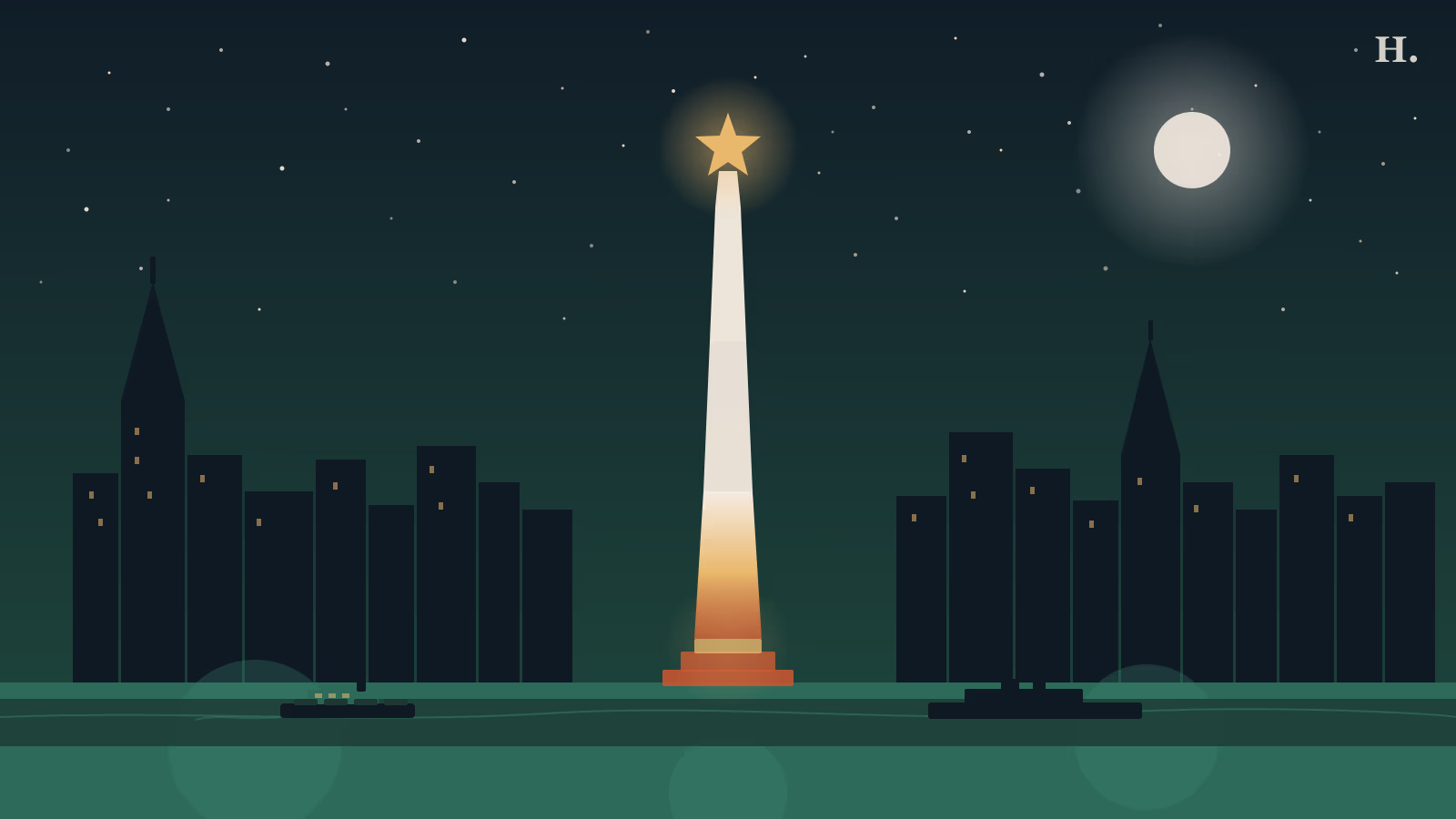 San Jacinto Monument obelisk with golden star above Houston Ship Channel at night