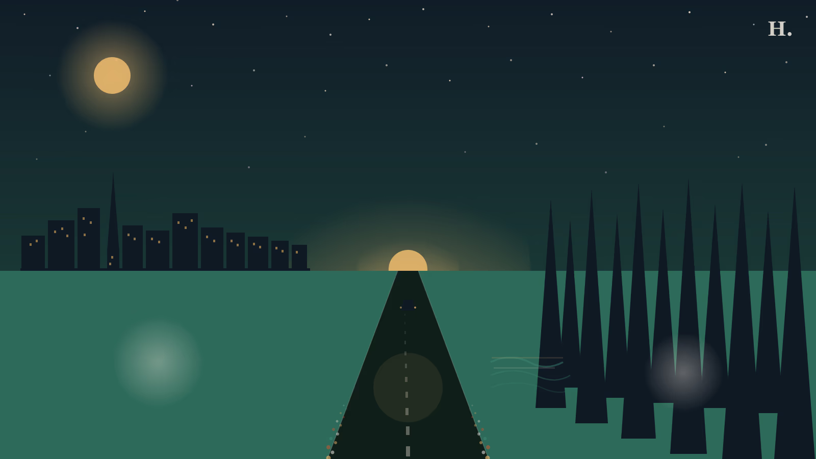 Scenic drives near Houston illustration: road stretching to a glowing horizon, Houston skyline at left, pine trees at right