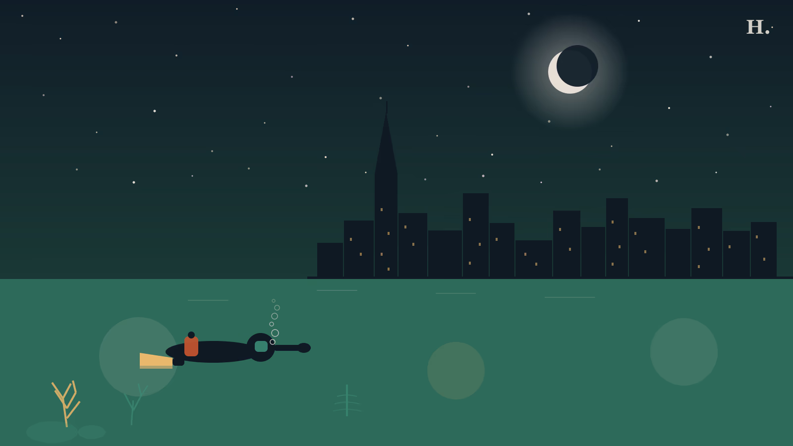 Scuba diver swimming toward coral reef near Houston with night skyline silhouette above the water