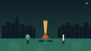 Houston sculpture gardens at night: Broken Obelisk above reflecting pool, abstract sculptures and skyline