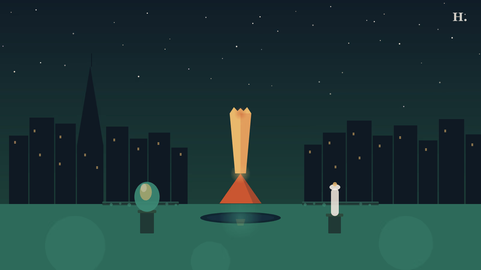 Houston sculpture gardens at night: Broken Obelisk above reflecting pool, abstract sculptures and skyline