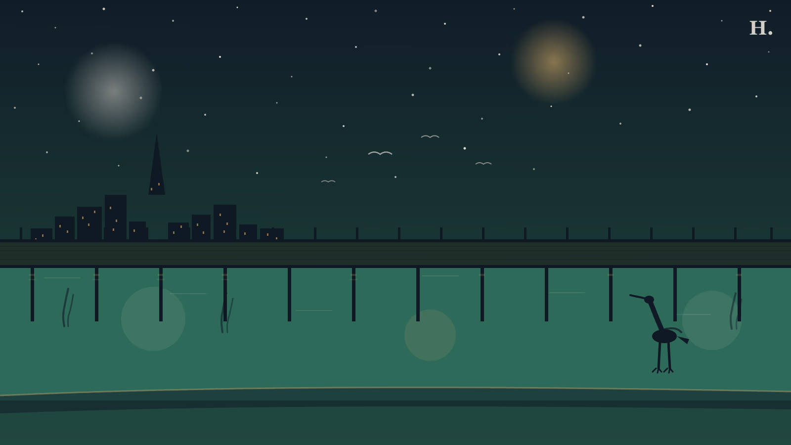 Sea Rim State Park marsh boardwalk at night, heron silhouette and Houston skyline in the distance