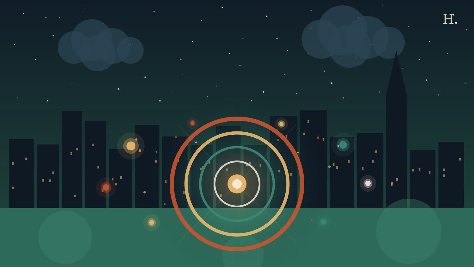 Seismique Houston immersive art museum: glowing concentric portal rings and LED orbs over the Houston night skyline