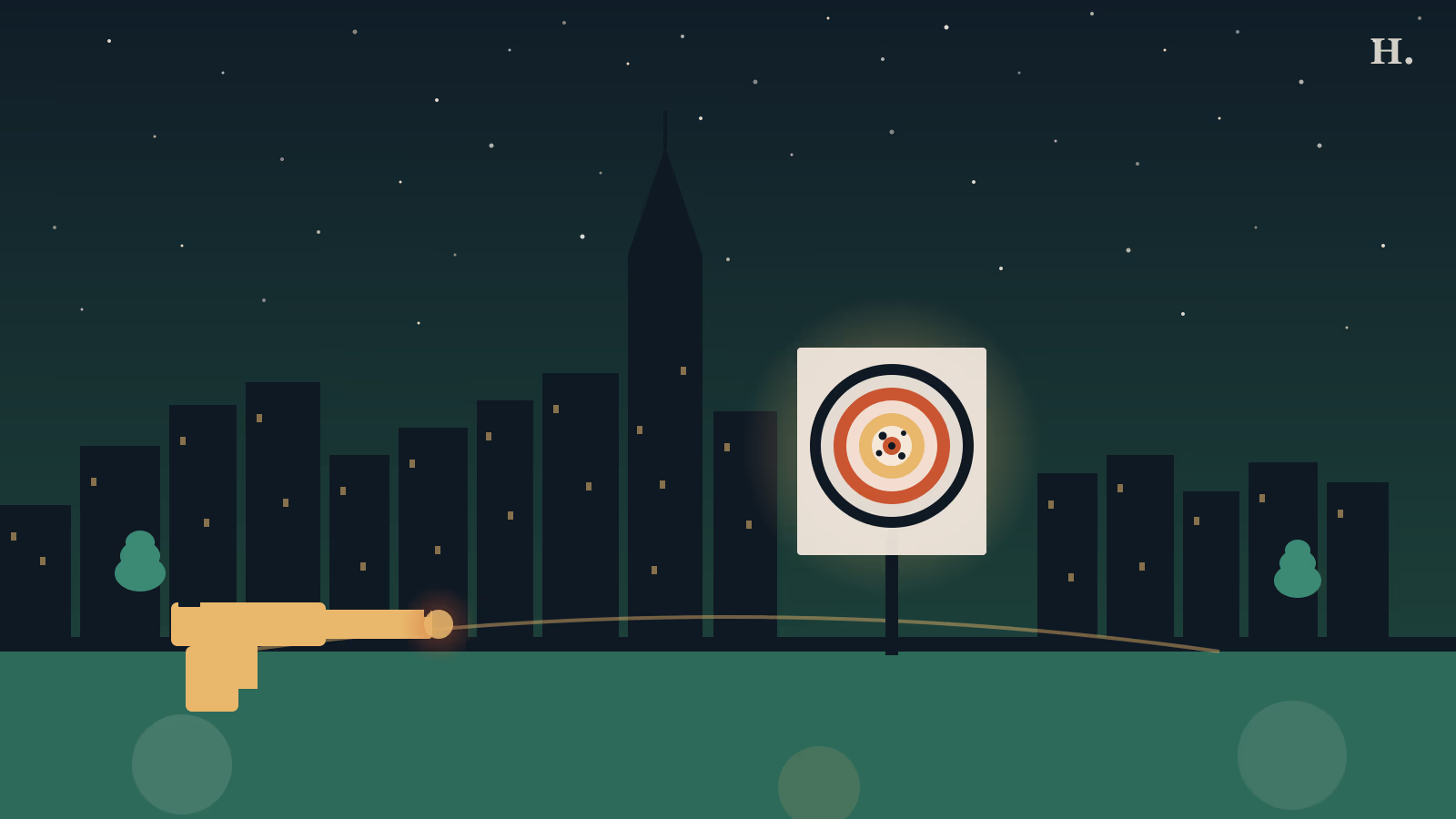 Shooting range Houston night illustration: gold pistol and bullseye target against downtown skyline