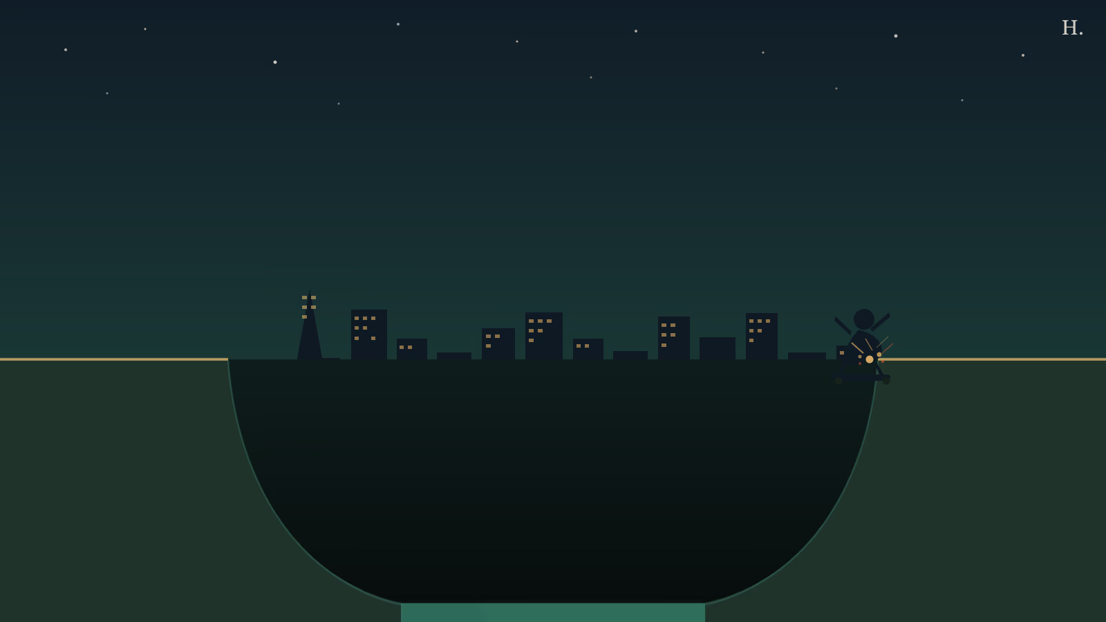 Skate parks in Houston illustration: halfpipe ramp with skater silhouette and downtown skyline at night