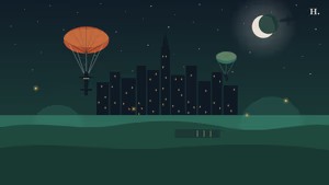 Skydiving near Houston illustration: parachute silhouette and downtown skyline against a night sky