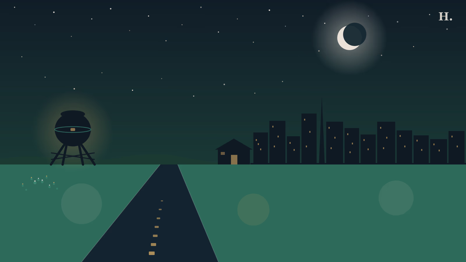 Small towns near Houston illustration: a Texas highway road stretching to the horizon, a water tower and rolling hills at night