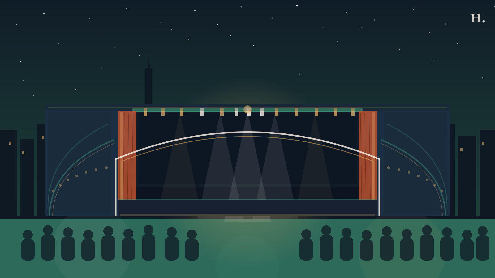Smart Financial Centre guide illustration: proscenium theater arch with stage lights and Sugar Land night skyline