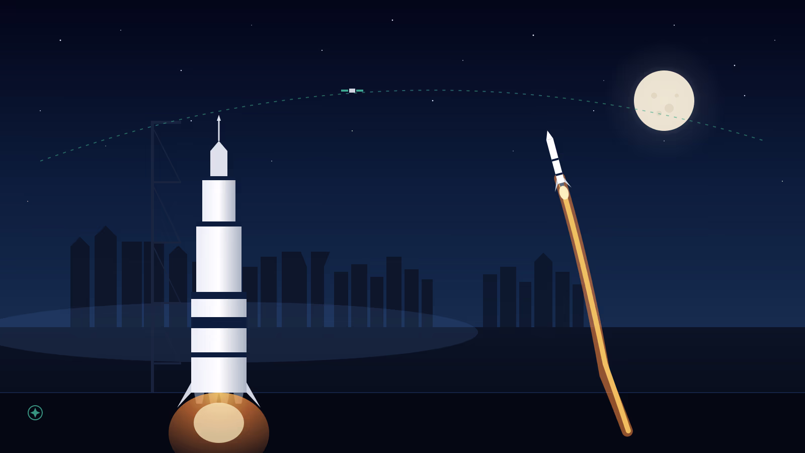 Saturn V rocket and Houston skyline at night with launching rocket — Space Center Houston visitor guide hero